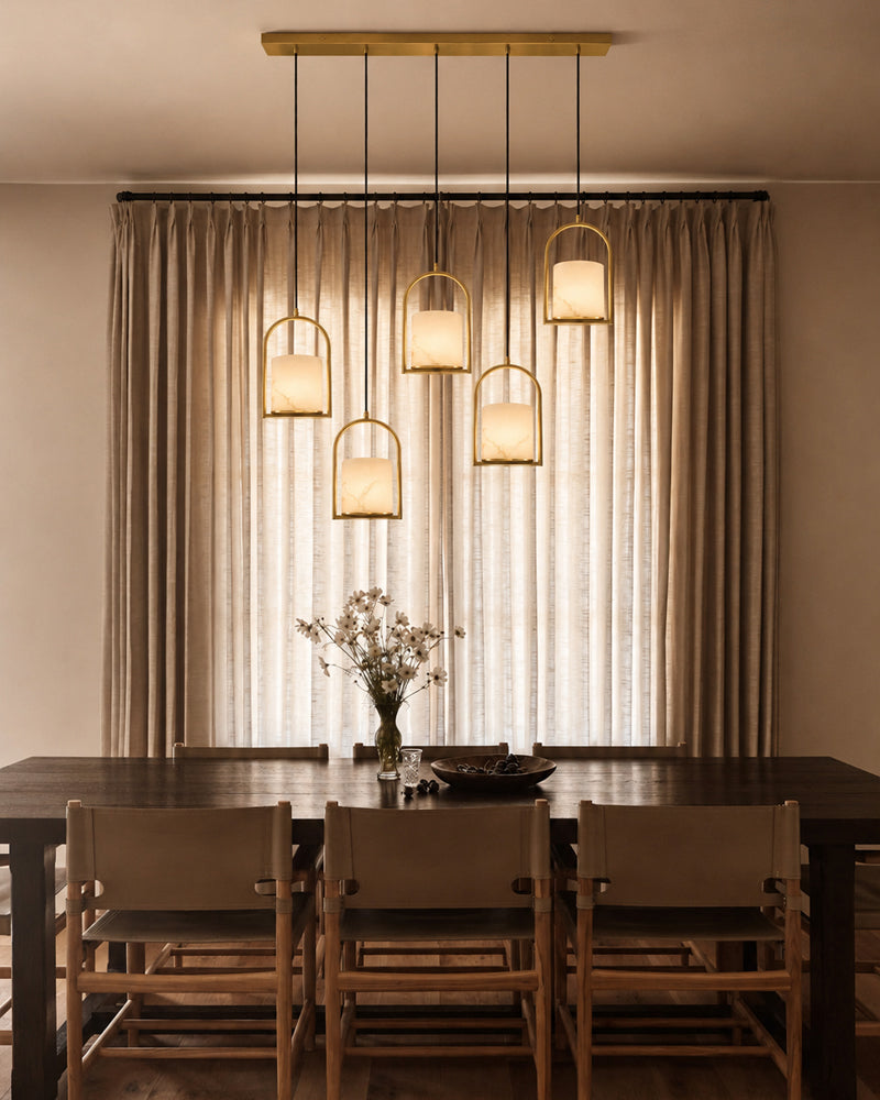 Alabaster Cylinder Arched Lantern Pendant Light - Natural Spanish Alabaster, Serene Black Trim - Kitchens, Dining & Living Rooms