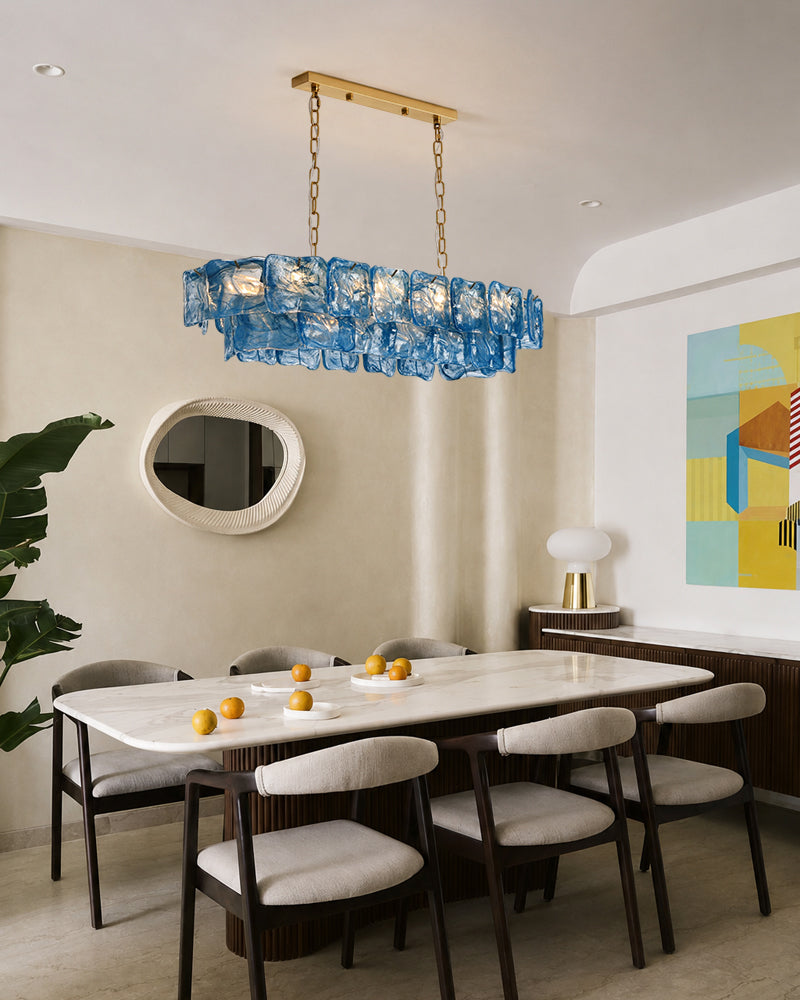 Chiara Murano Glass Contemporary Azure Blue Panel Linear Chandelier - Lux Gold Trim - Kitchen Islands & Dining Rooms