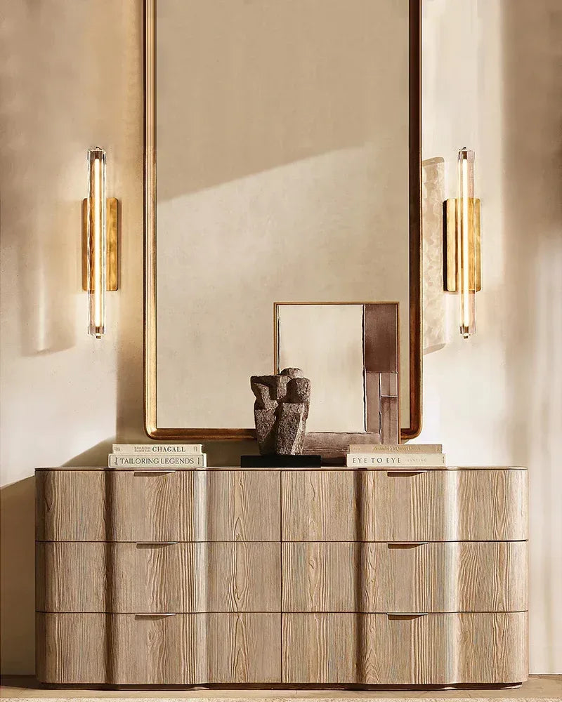 Valence Series Architectural Linear Chandelier | Triple Bar Prism Meticulously crafted clear prisms with vertical brass drops, Lacquered Burnished Brass and Black for Dining Rooms and Kitchen Islands American chandelier