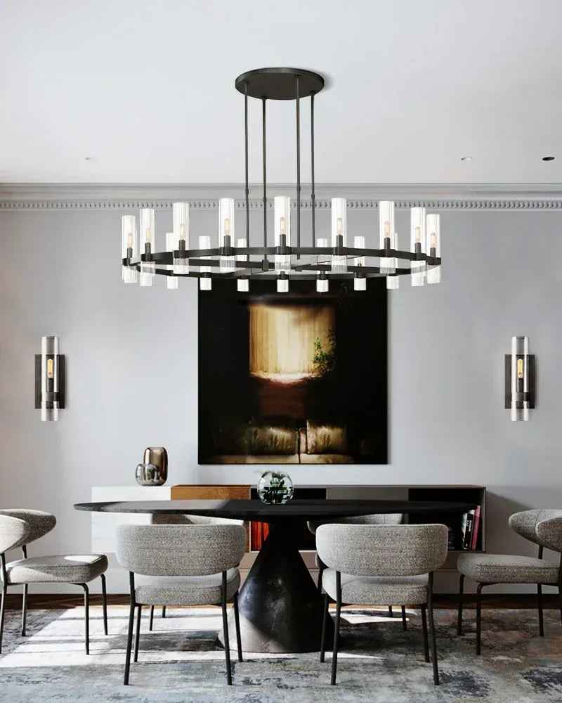 Portofino Series Geometric Chandelier | Round Wheel Premium hand-blown clear glass and solid brass, Vintage Brass finish for Grand Foyers and Dining Rooms American chandelier