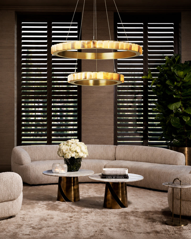 Alabaster Round Halo Ring Fluted Pendant Light - Natural Spanish Alabaster, Lux Gold Trim - Living Rooms & Dining Rooms