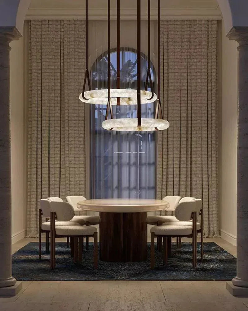 Modern Oval Alabaster LED Lacther Pendant Light Wide 32" 40" 48" for living room American chandelier