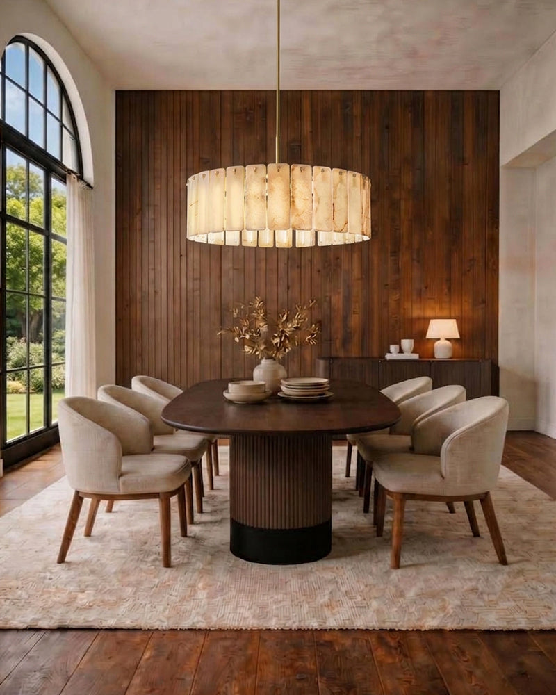 Winchester Alabaster Panel Drum Chandelier - Natural Spanish Alabaster, Lux Brass Trim - Living Rooms, Bedrooms, Dining Rooms