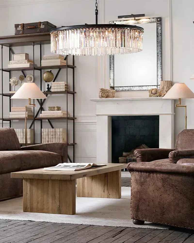 Gold Iron Frame Multi-Tier Rectangular Crystal Dimming Chandelier Dining Room Lighting 34" American chandelier