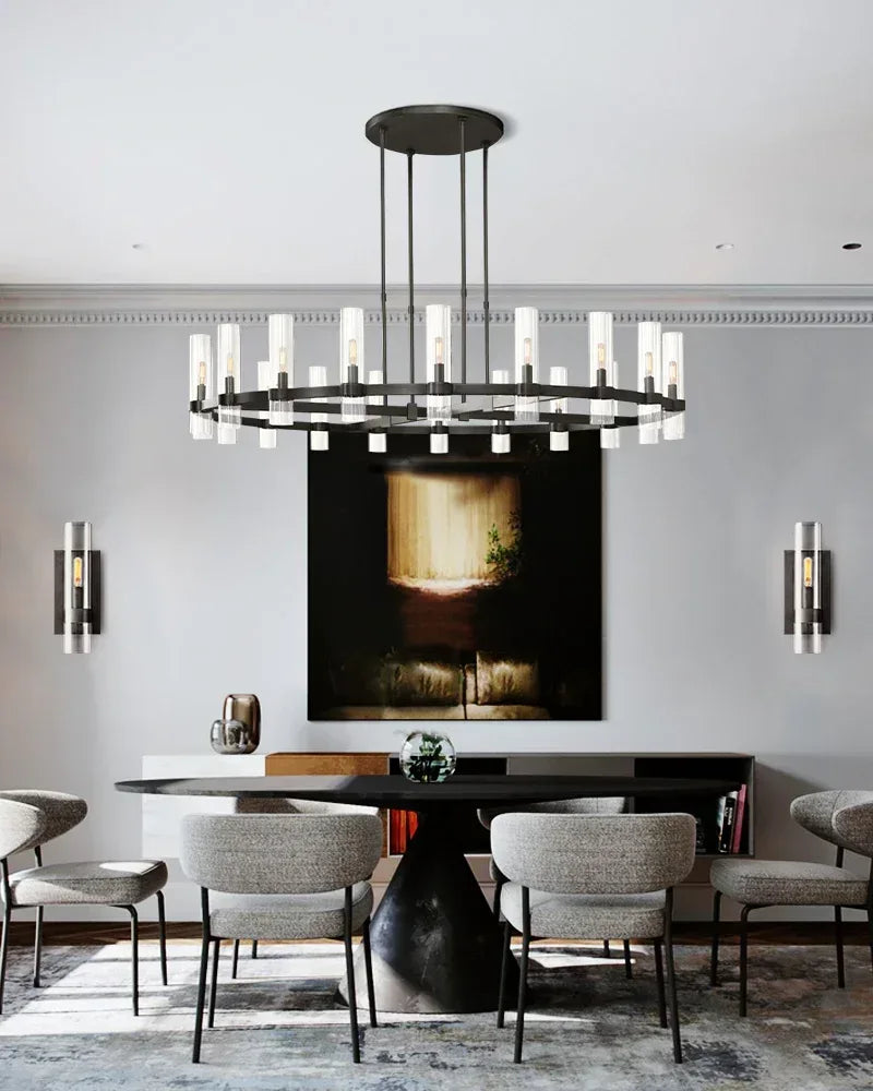 Ravelle Series Geometric Chandelier | Linear Premium hand-blown glass and solid brass construction, Lacquered black brass finish for Dining Rooms and Kitchen Islands American chandelier