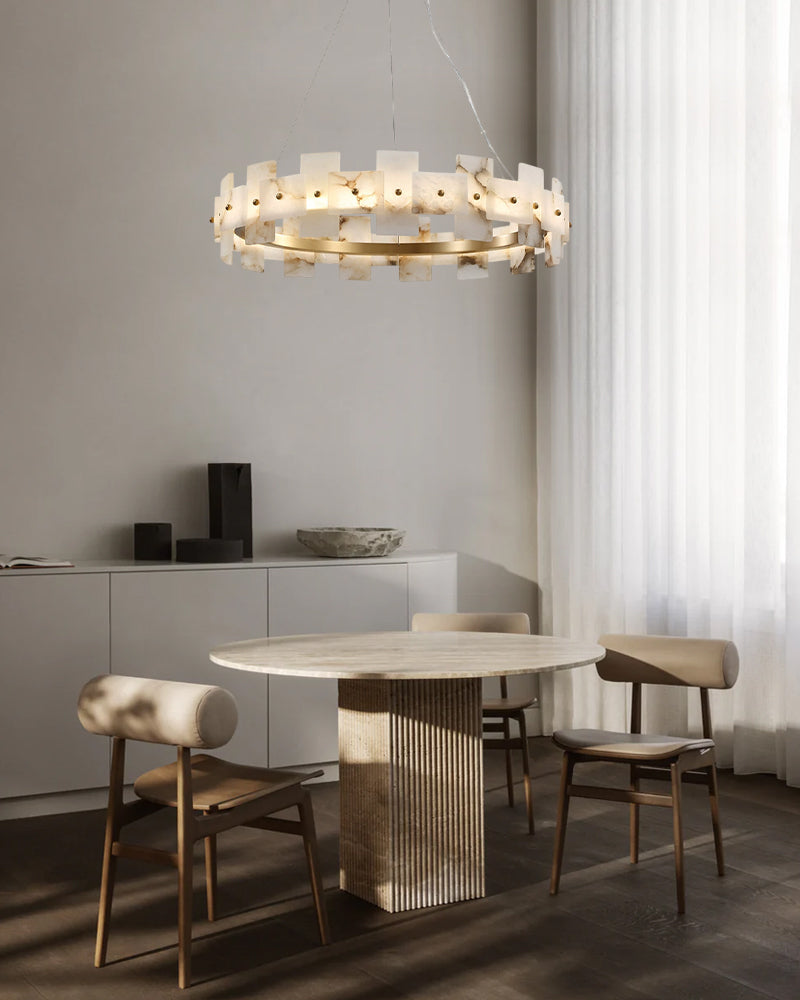 Marble Circle Hanging Lamp Minimalism White and Brass Alabaster Halo Chandelier Dining Table