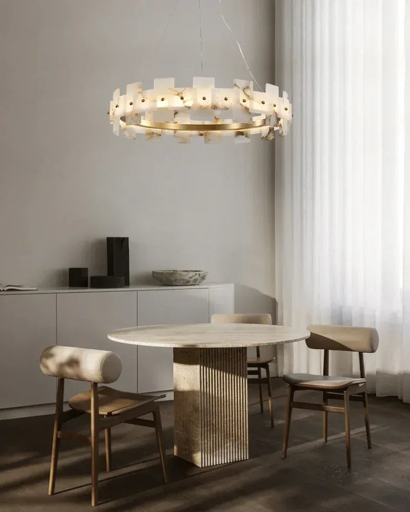 Marble Circle Hanging Lamp Minimalism White and Brass Alabaster Halo Chandelier Dining Table Luxury Modern Chandelier