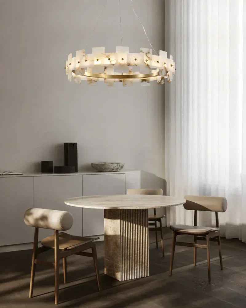 LightsStory Series Geometric Chandelier | Halo Ring Natural Alabaster panels with Antique Brass frame, Antique Brass finish for foyers and dining rooms Luxury Modern Chandelier