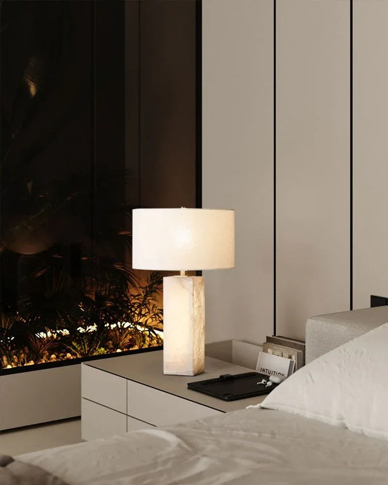 American Vintage E27 Alabaster Marble Table Lamp with fabric Linen lampshade Vintage Simple Table Lamp