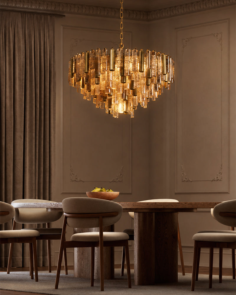 Multi-tier crystal glass prism chandelier with brass frame and hanging prisms