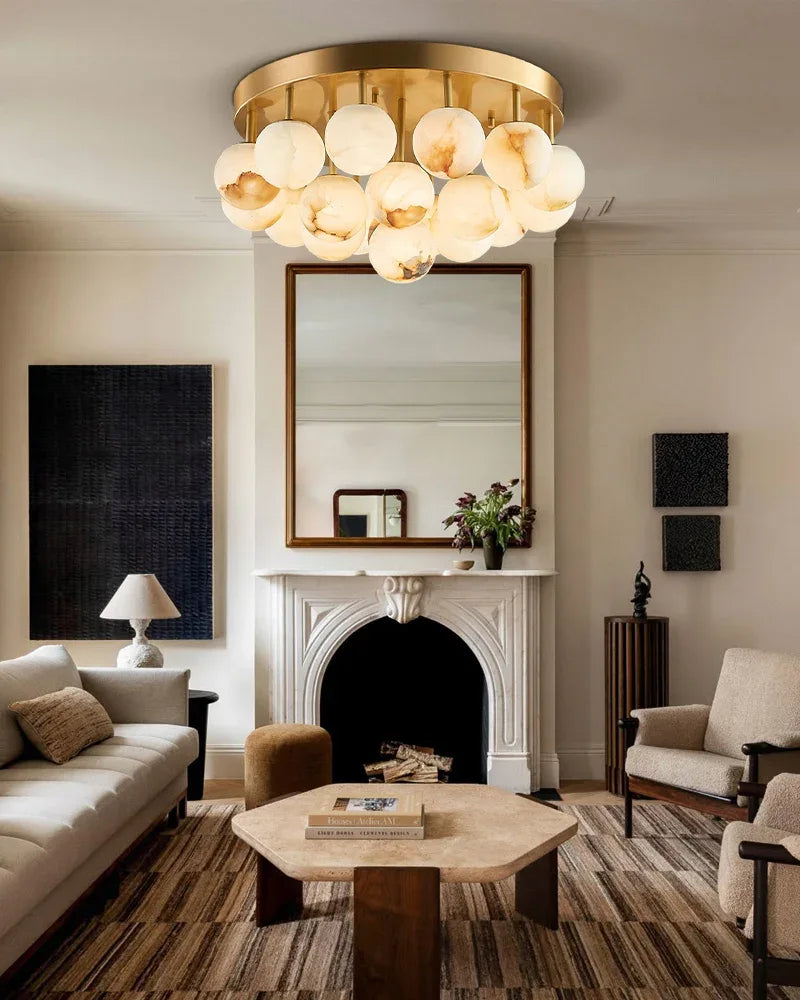 7/13/19-Light Soft Brass and Faux Alabaster Semi Flush Mount with Etched Opal Marble Shades Flush Mounted Ceiling Lamp