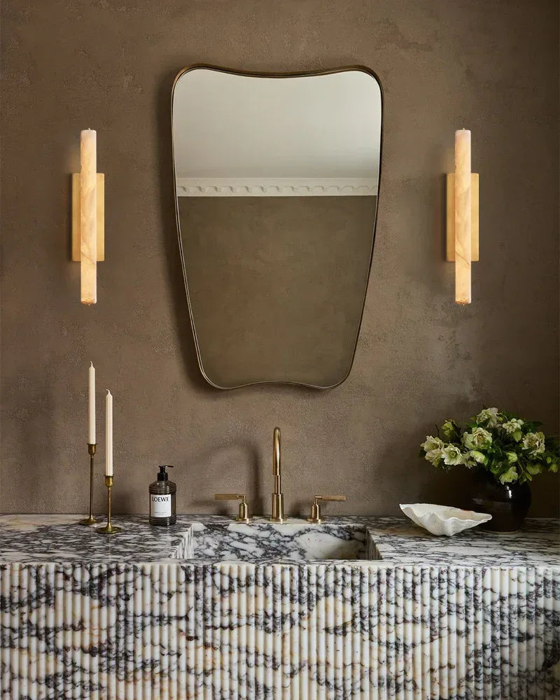 LightsStory Series Geometric Wall Sconce | Vertical Brass Lines Sleek Brass and Raw Veined Alabaster, Burnished Brass and Black finish for Modern Living Rooms and Hallways Flush Mounted Wall Sconce Lamp