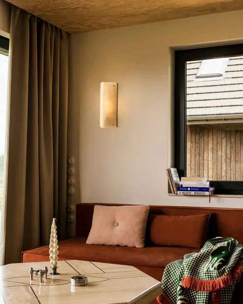 LightsStory Series Geometric Wall Sconce | Hand-Carved Alabaster Hand-Carved Natural Alabaster and Durable Brass, Premium Black and Brass finish for Modern Living Rooms and Hallways Flush Mounted Wall Sconce Lamp