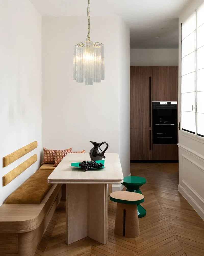 Cortina Series Cascading Chandelier | Multi-tiered Fluted Glass Handcrafted fluted clear Murano-inspired glass tubes, Satin Brass and Chrome for Grand entrances and dining rooms American chandelier