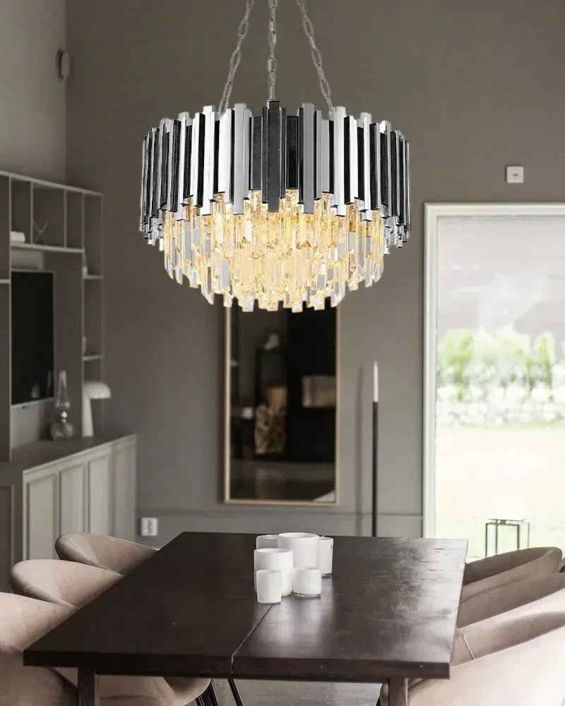 LightsStory Series Cascading Chandelier | Drum Gold stainless steel frame with hand-strung clear crystals, Gold and Chrome finish for Grand Foyers and Dining Rooms Luxury Drum Round Chandelier