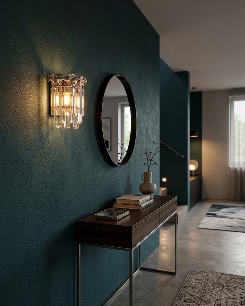 Gstaad Layered Tiered K9 Crystal Wall Light - K9 Crystal, Custom Gold or Serene Black Trim - Bathrooms, Bedrooms