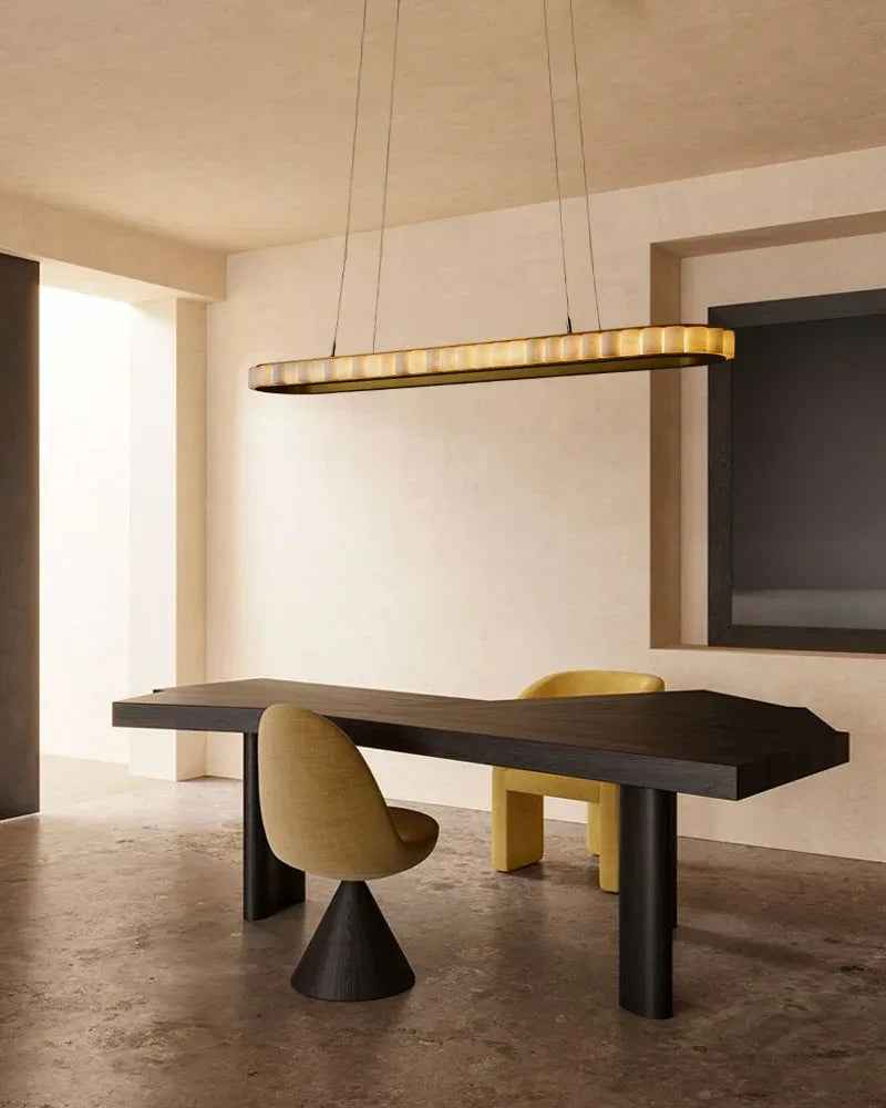 LightsStory Series Geometric Chandelier | Oval Hand-finished natural alabaster columns and sustainable marble detailing, Brushed Black and Gold framework for Entryways and luxury dining areas American chandelier
