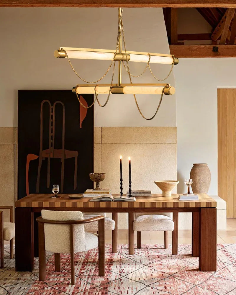 LED Tubular Alabaster Shades Ceiling Pendant Lamp 49" with long chains | Brass Vintage Simple Pendant Lamp