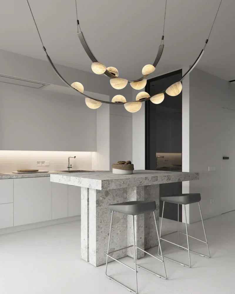 LightsStory Series Geometric Pendant Light | Semicircular Marble Diffuser Supple Leather, Natural Marble, and Raw Metal, Raw Metal finish for Modern Farmhouses and Minimalist Dining Spaces Modern Pendant lamp