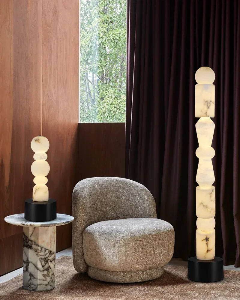 Black Marble Base & White Alabaster 5-Tier Table Lamp 8“ Height Modern Designer Floor Lamp