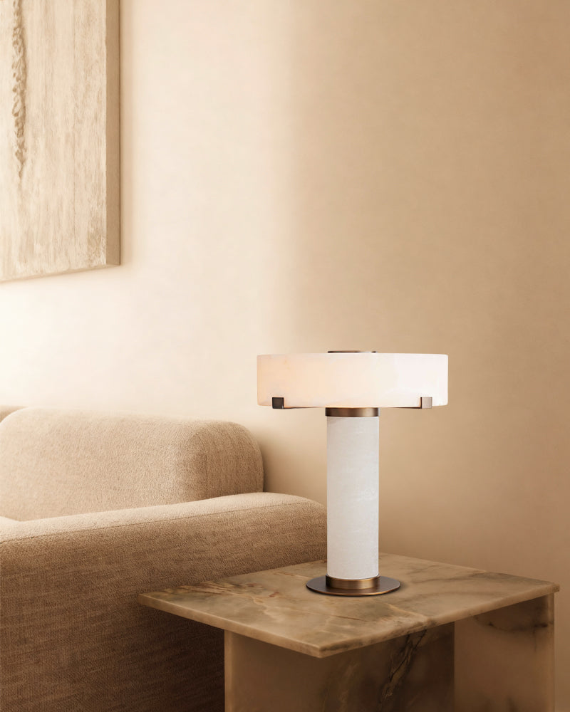 Ascot Series Architectural Table Lamp | Hand-Carved Column Natural Alabaster, Polished Brass and Black Accents for Contemporary Living Spaces Modern Table lamp