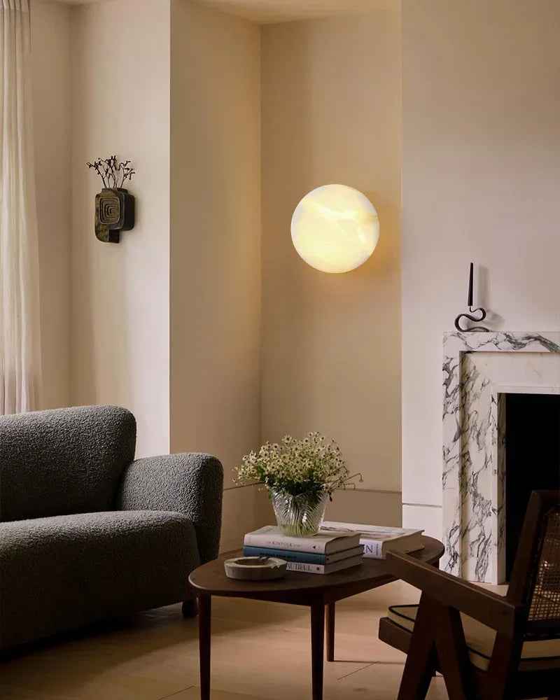 LightsStory Series Geometric Wall Sconce | Orb Natural Marble and Snowflake Gypsum, Premium Brass finish for Vanity Bathrooms and Living Rooms Modern Art Design Wall Lamp