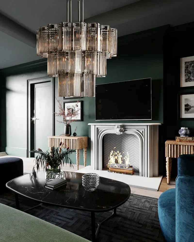 Saint-Cirq Series Geometric Chandelier | Tiered Round Hand-Arranged Reeded Glass and Sturdy Steel, Black Steel for Grand Entryways and Dining Rooms American chandelier