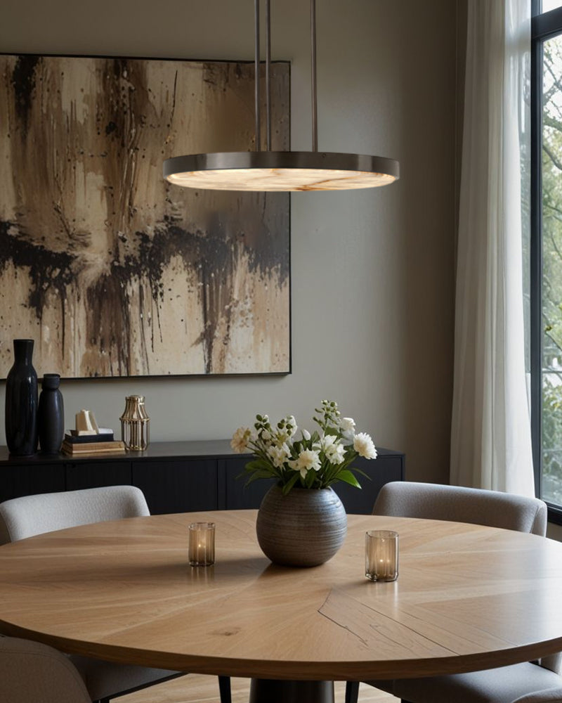 Round alabaster pendant lamp in black with 3 adjustable rods
