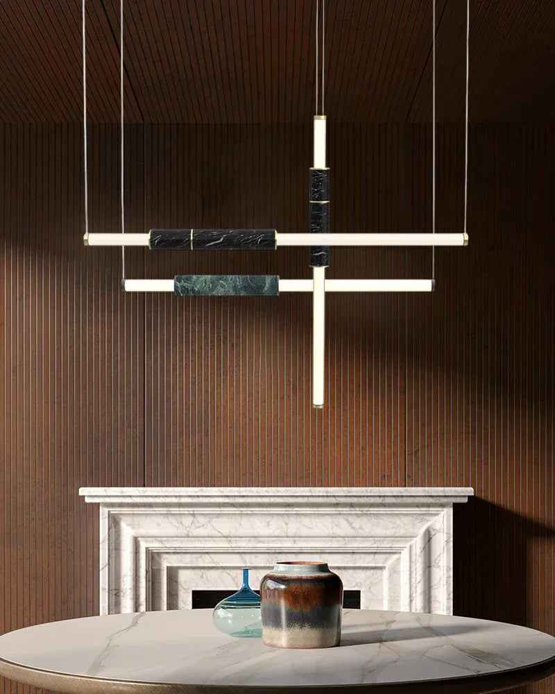 LightsStory Series Geometric Pendant Light | Linear Pipe Polished marble and frosted glass with solid brass and aluminum, Solid Brass and Aluminum finish for Dining Rooms and Living Spaces Modern Pendant lamp