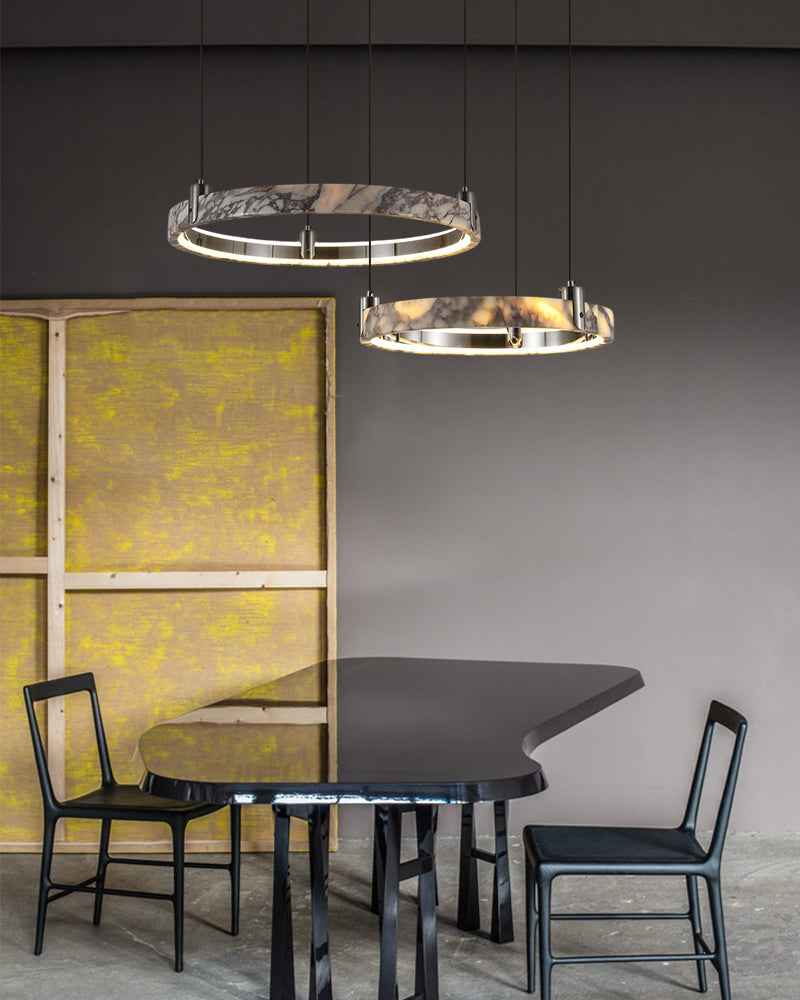 LightsStory Series Geometric Chandelier | Single Ring Premium natural marble, Aged Brass and Black frame for Bedrooms, living areas, and kitchen islands American chandelier