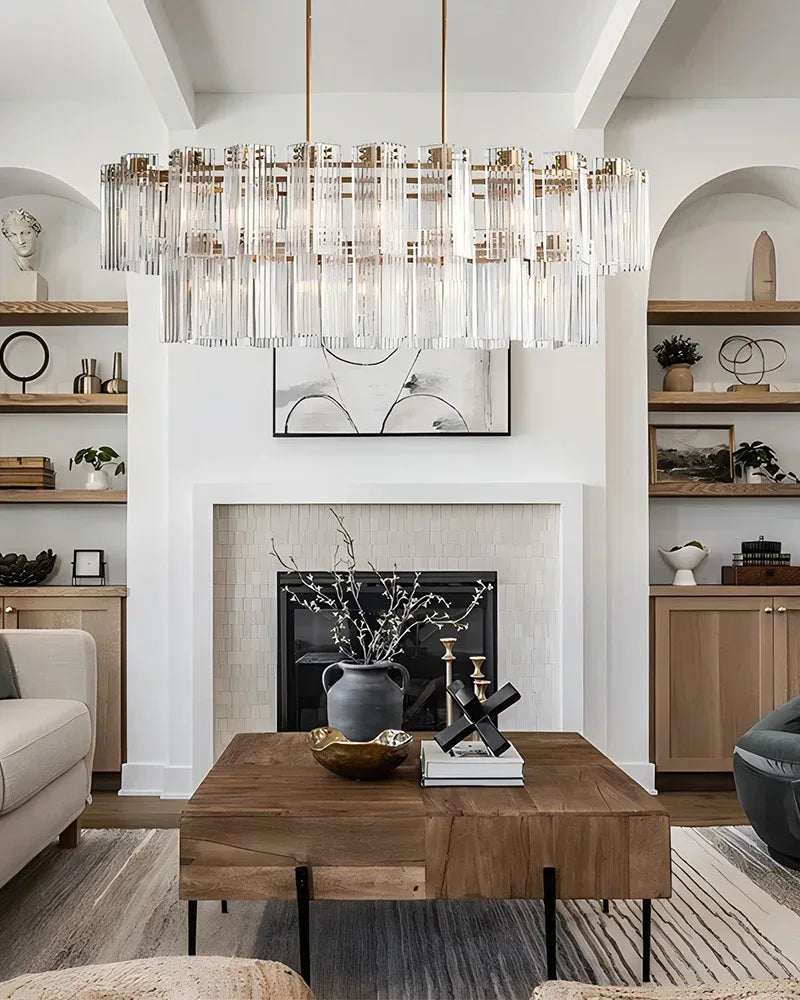 Art Deco-Inspired 2-Tier Oval Clear Smoke Glass Big Chandelier | Brushed Black/Brass Steel American chandelier