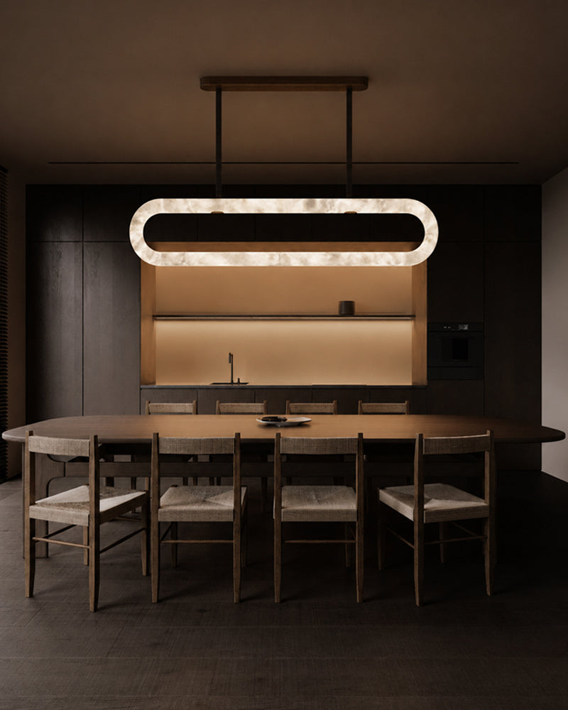 Alabaster Oval Pill Leather Strap Pendant Light - Natural Spanish Alabaster Halo, Organic Leather Trim - Kitchens, Dining & Living Rooms