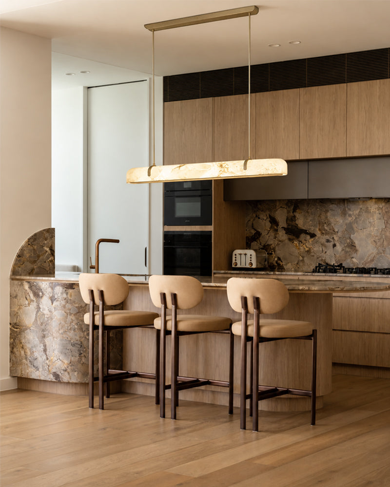 Alabaster Linear Capsule Chandelier - Natural Spanish Alabaster, Lux Gold Trim - Kitchen Islands & Dining Rooms