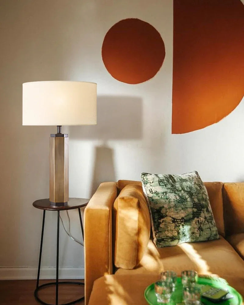 Hexagonal Column Table Lamp 5" in brass/black with fabric linen lampshade Vintage table lamp
