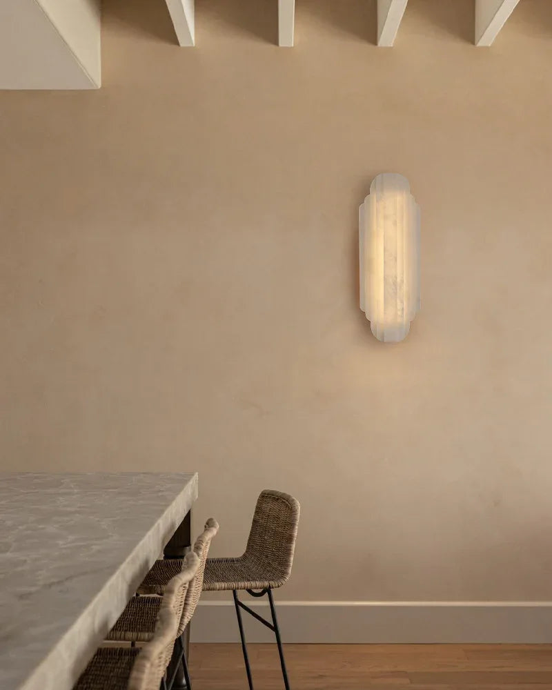 Estelle Series Ethereal Wall Sconce | Layered Alabaster Natural layered alabaster shade with minimalist metal base, Sleek modern metal finish for Living rooms, halls, and bathrooms Flush Mounted Wall Sconce Lamp
