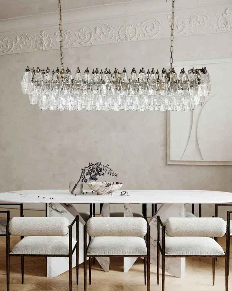 Cortina Series Ethereal Chandelier | Poliedri Smoke Glass Hand-blown Smoke Murano Glass and Brass Aluminum Chain, Plated-Brass finish for Dining Rooms and Entryways American chandelier