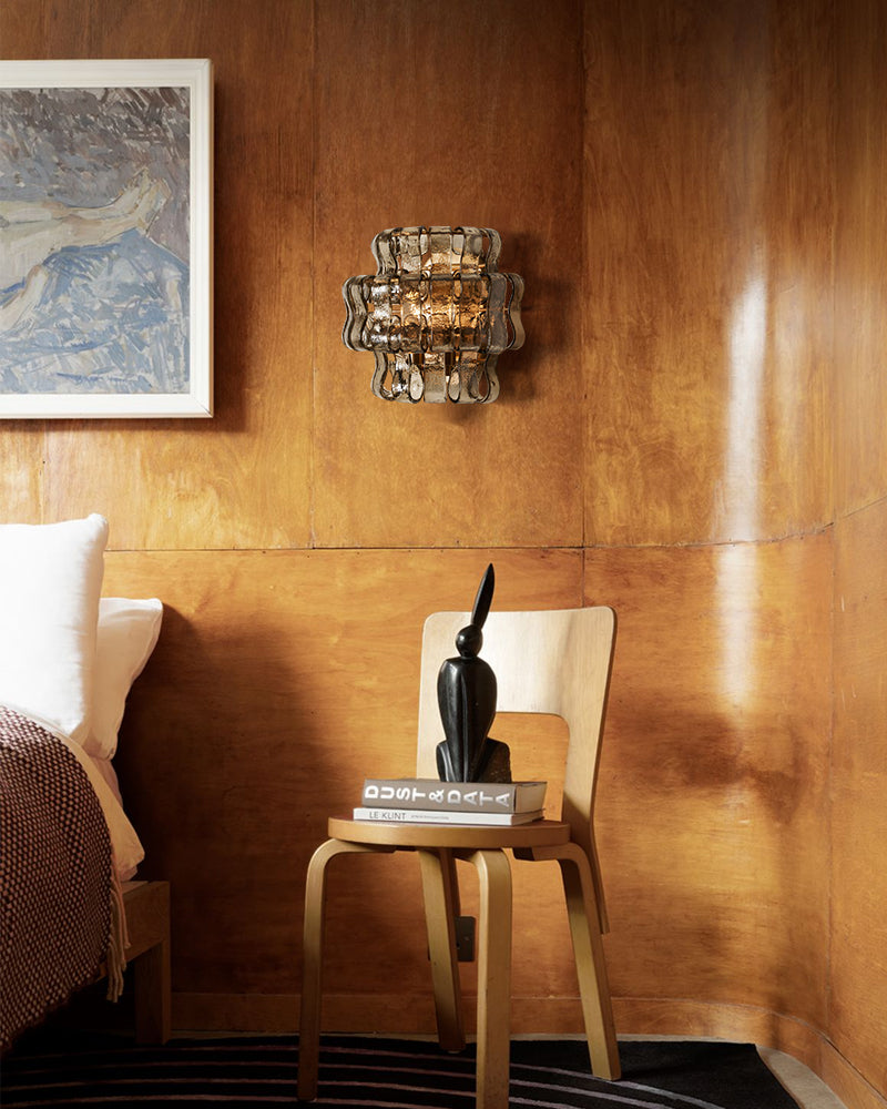 Clear/Smoke Glass Bedroom Ghiaccio Semi-Flush Wall Sconces in Brass/Bronze Aluminum