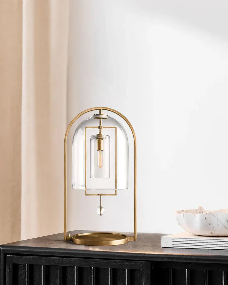 Brass Iron Frame Blown Glass Dome Shade Fulcrum Round Table Lamp 18" Vintage Simple Table Lamp