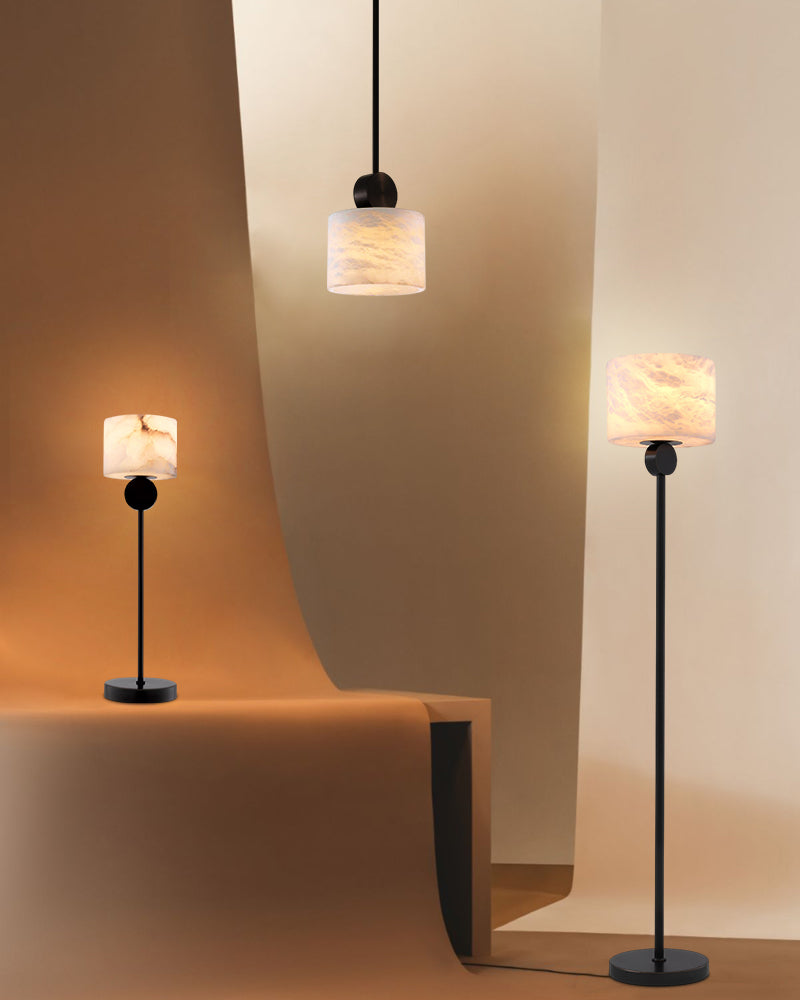 Alabaster Cube Headed Antique Stem Floor Lamp - Natural Spanish Alabaster, Serene Black Base - Bedroom & Living Rooms