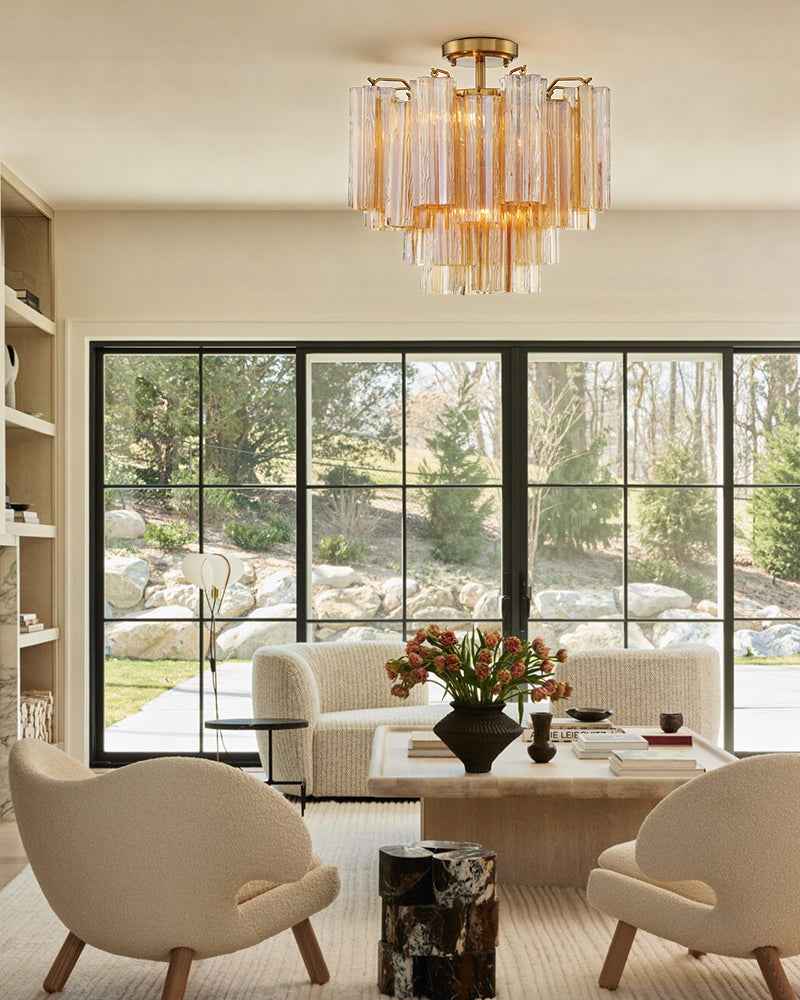 LightsStory Series Prismatic Flush Mount | Star-Shaped Multi-tiered Hand-blown authentic Murano glass tubes, Elegant gold accents with Brass/Black disc base for Living Rooms and Entryways Modern Ceiling lamp