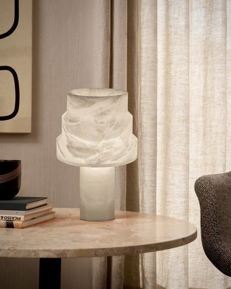 White Nature Handcrafted Alabaster Small Table Lamp with night light for bedside