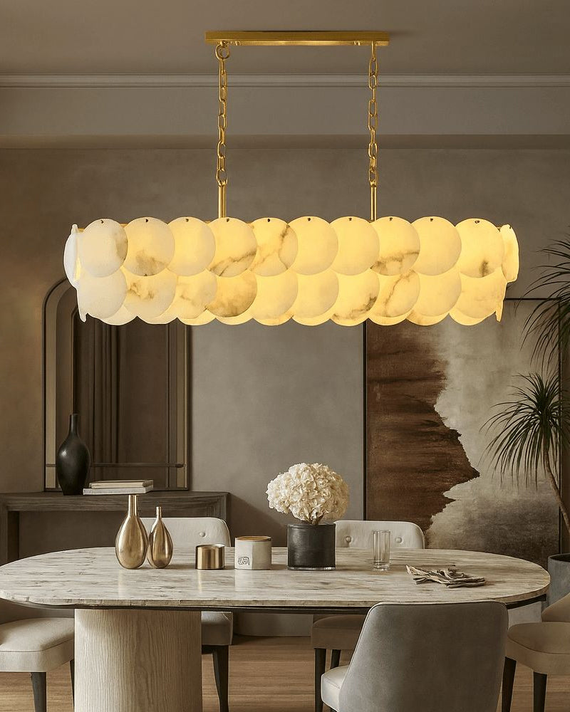 Rectangular Alabaster Chandelier Dia 100/120 with Round Shell Piece String Ceiling for Dining room