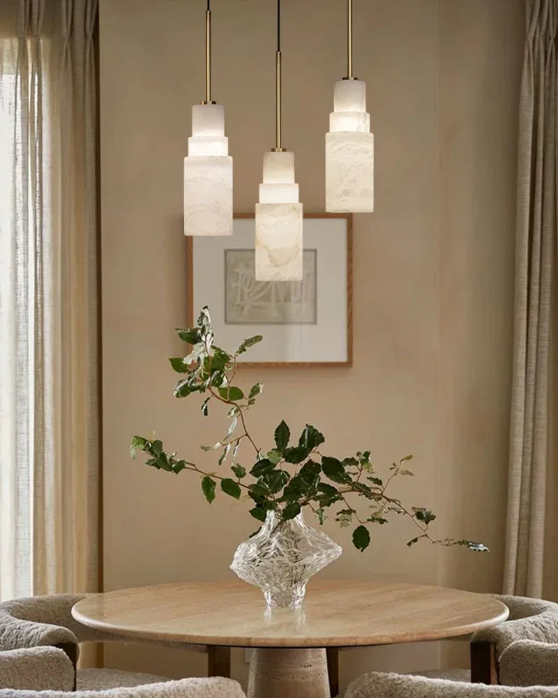 Antique aged Copper Long Hanging Cord Alabaster Pendant Lights over dining table Vintage Simple Hanging Lamp