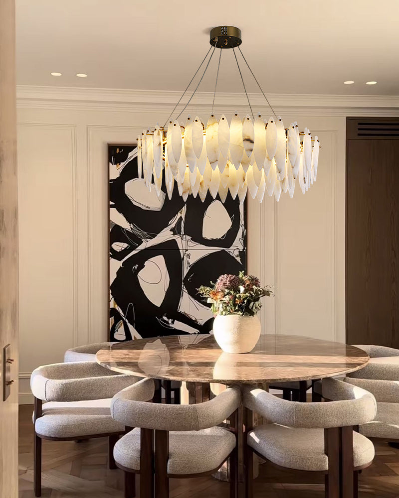 Modern Chandelier Alabaster Lighting Multi-Tier Round Design in Brass/Black Metal Luxury Modern Chandelier