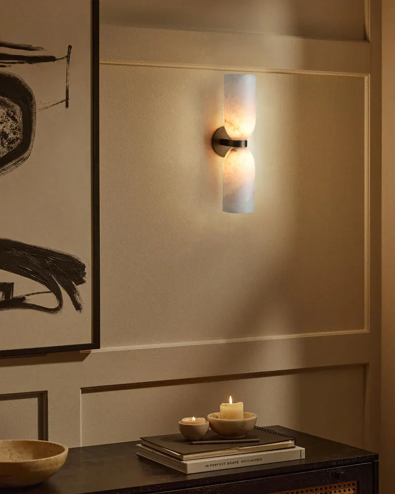 Double 2 lights Alabaster Tandem Wall Lamp in Unique Brass/Black Metal Framework Modern Art Design Wall Lamp