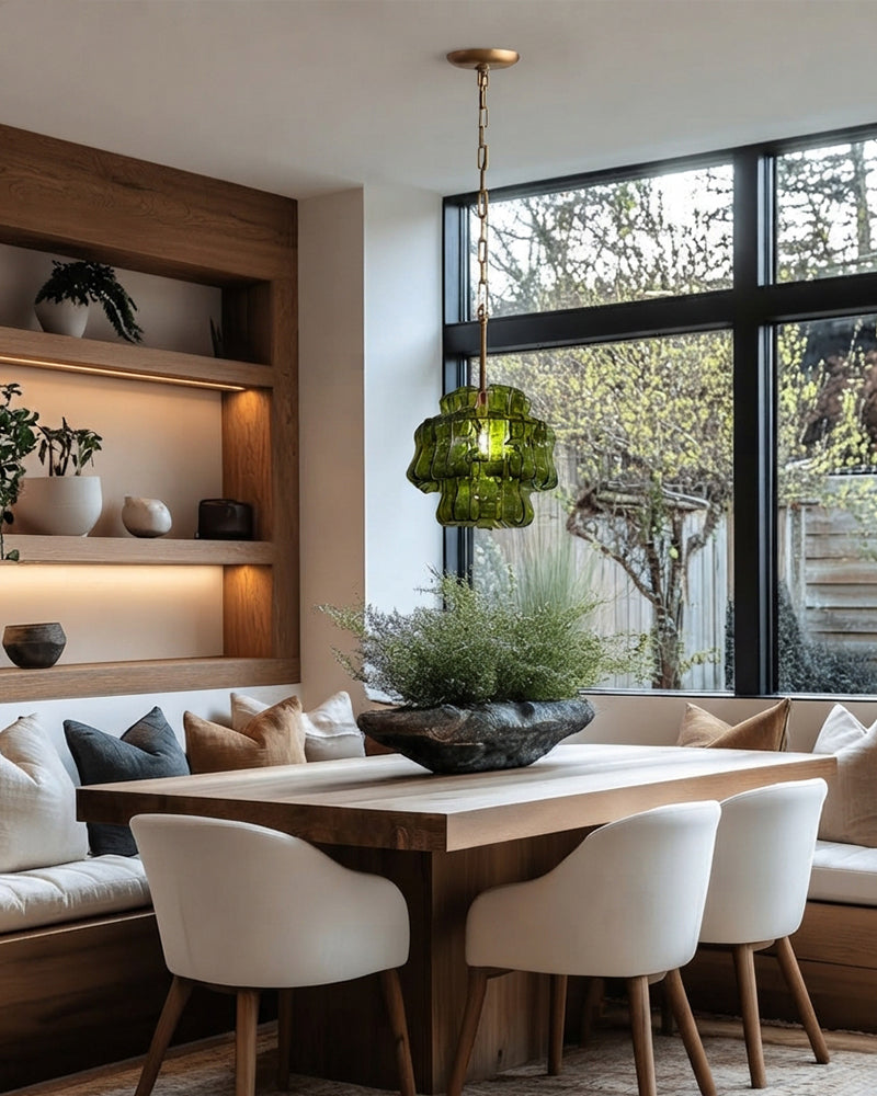 Brina Ghiaccio Murano Smoked Green Glass Lantern Drum Pendant Light - Textured Ice Glass, Lux Gold Trim - Kitchens, Dining Rooms & Living Rooms