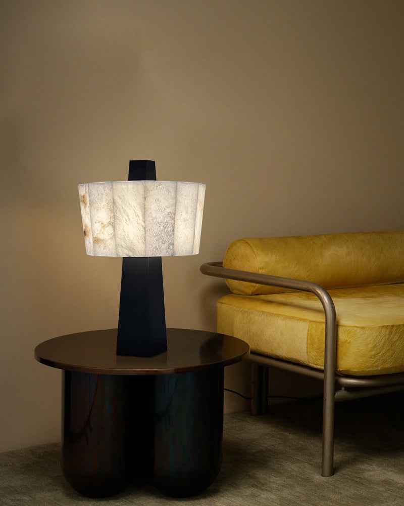 LightsStory Series Geometric Table Lamp | Sculptural Minimalism Hand-carved Spanish Nature Alabaster, Black Stainless Steel finish for Bedside Tables and Living Room Accents Modern Table lamp