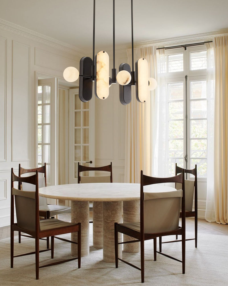8-Light LED Linear Pendant Lighting in White Alabaster with Bronze & Brass Hardwared