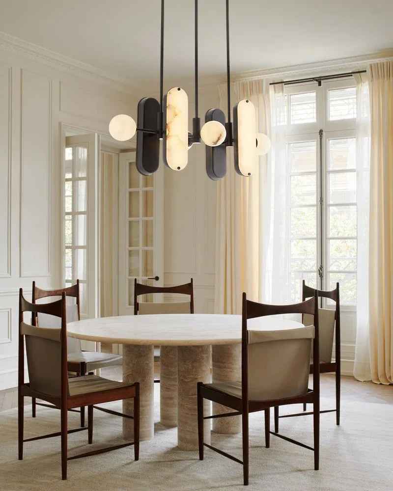 Maradona Series Geometric Pendant Light | Linear English black iron frame and luminous white alabaster shades, English black iron finish for Kitchen Islands and Dining Rooms Modern Pendant lamp