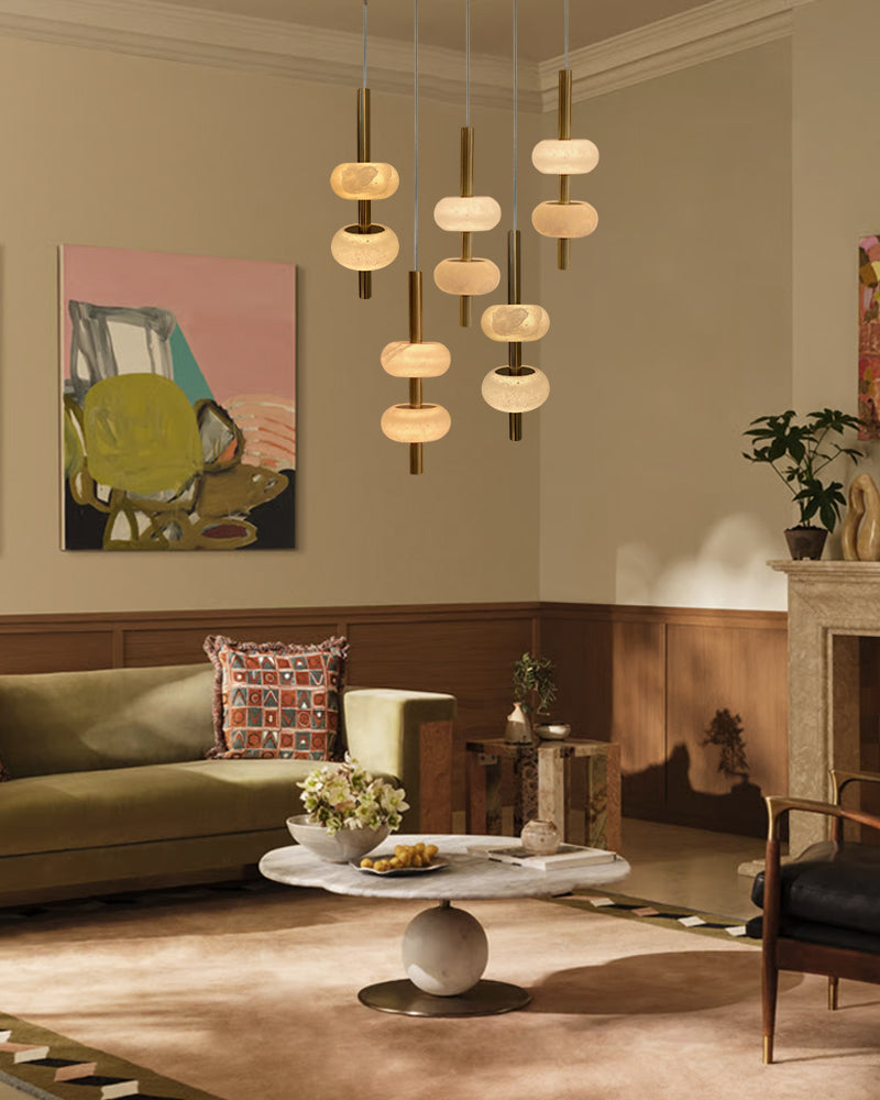 Modern living room with a Alabaster chandelier